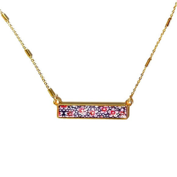 Riah Fashion Jewelry - Riah Fashion Floral Navy Red & Gold Rectangular Pendant Necklace